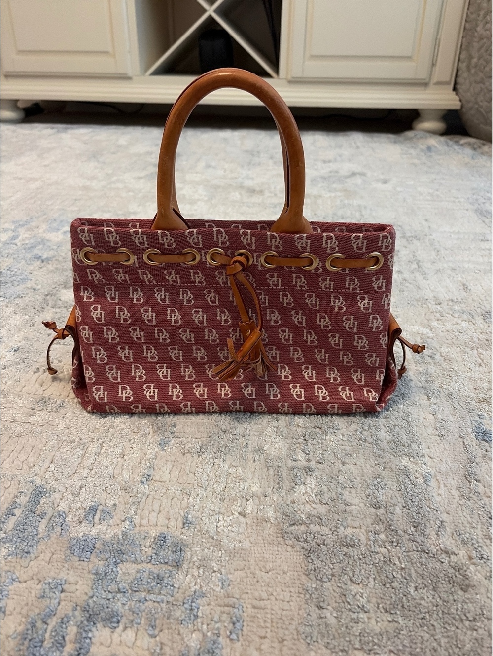 Dooney & Bourke Burgundy Monogram Canvas Tote Bag with Leather Handles [COPY]